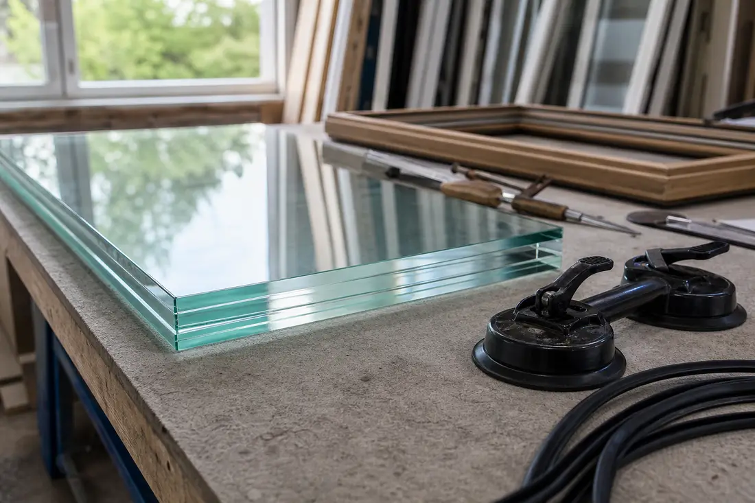 Vitrier posant un panneau de verre feuilleté de sécurité dans un châssis de fenêtre rénové en Suisse romande