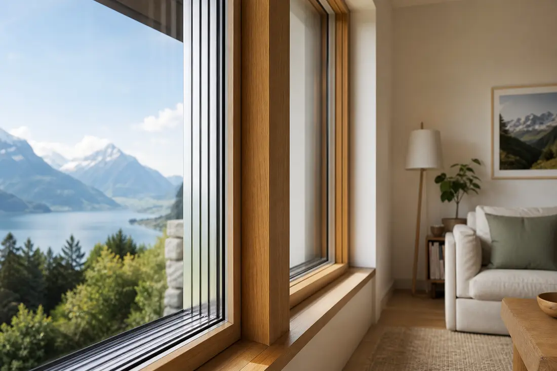 Fenêtre en triple vitrage avec cadre bois dans un salon lumineux d'un logement de Suisse romande