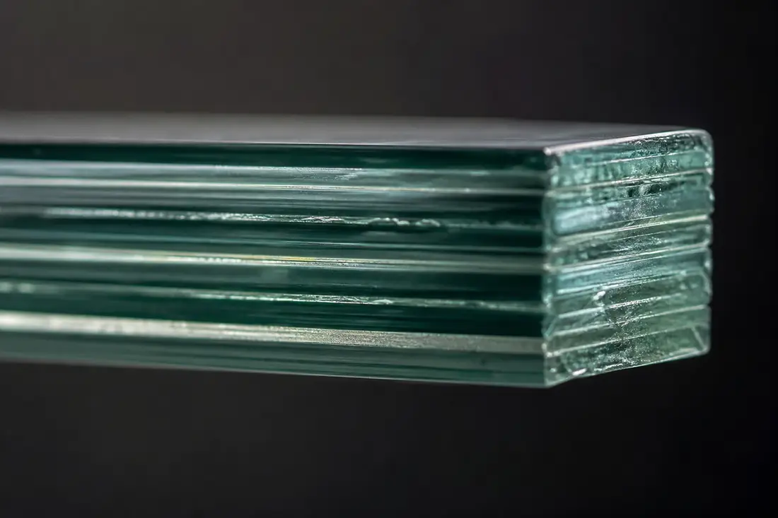 Détail des couches d'un verre feuilleté anti-effraction avec films intercalaires de sécurité