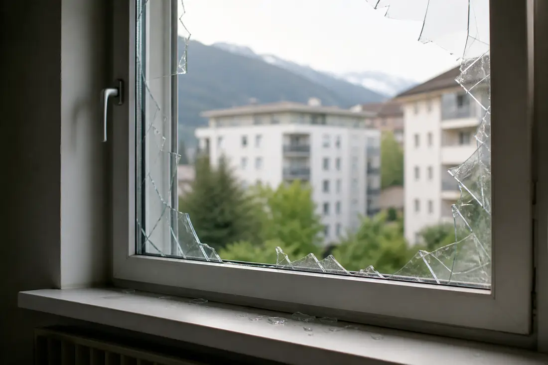 Fenêtre à la vitre brisée avec éclats de verre, en attente de sécurisation par un vitrier dans un immeuble de Suisse romande