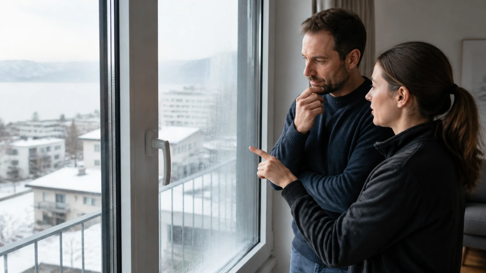 Une propriétaire et une vitrière observent calmement une fenêtre avec de la buée, dans un appartement suisse romand