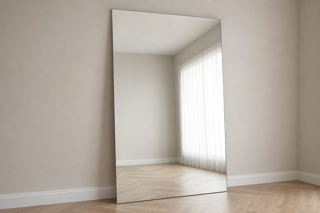 Exemple : miroir sur mesure posé contre un mur neutre